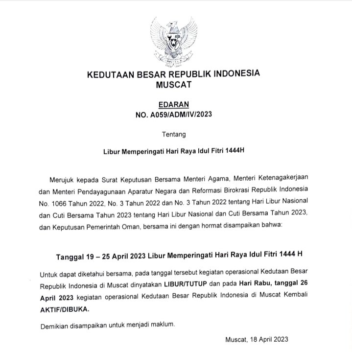 IndonesiaMuscat's tweet photo. Pengumuman Libur Memperingati Hari Raya Idul Fitri 1444 H https://t.co/WaCFLTGGSK