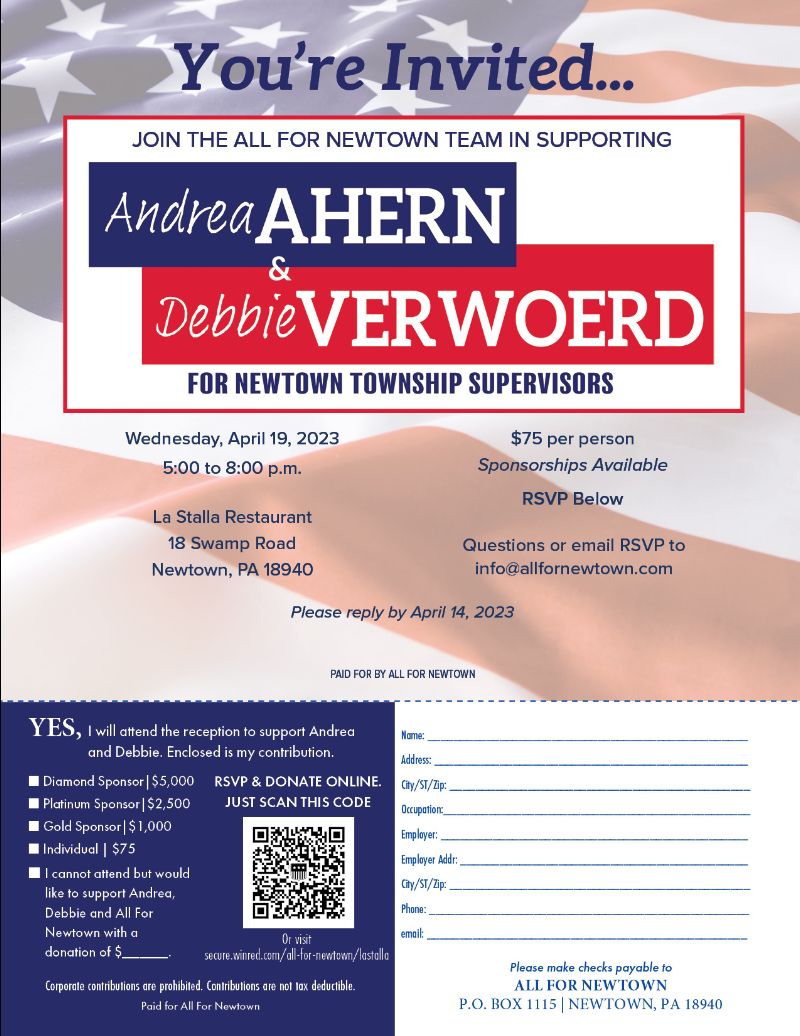 NewtownGOP's tweet photo. TONIGHT!  Ahern &amp; Verwoerd for Newtown Supervisors Fundraiser - https://t.co/q8neAOJNoe https://t.co/OaQKy6rCqd