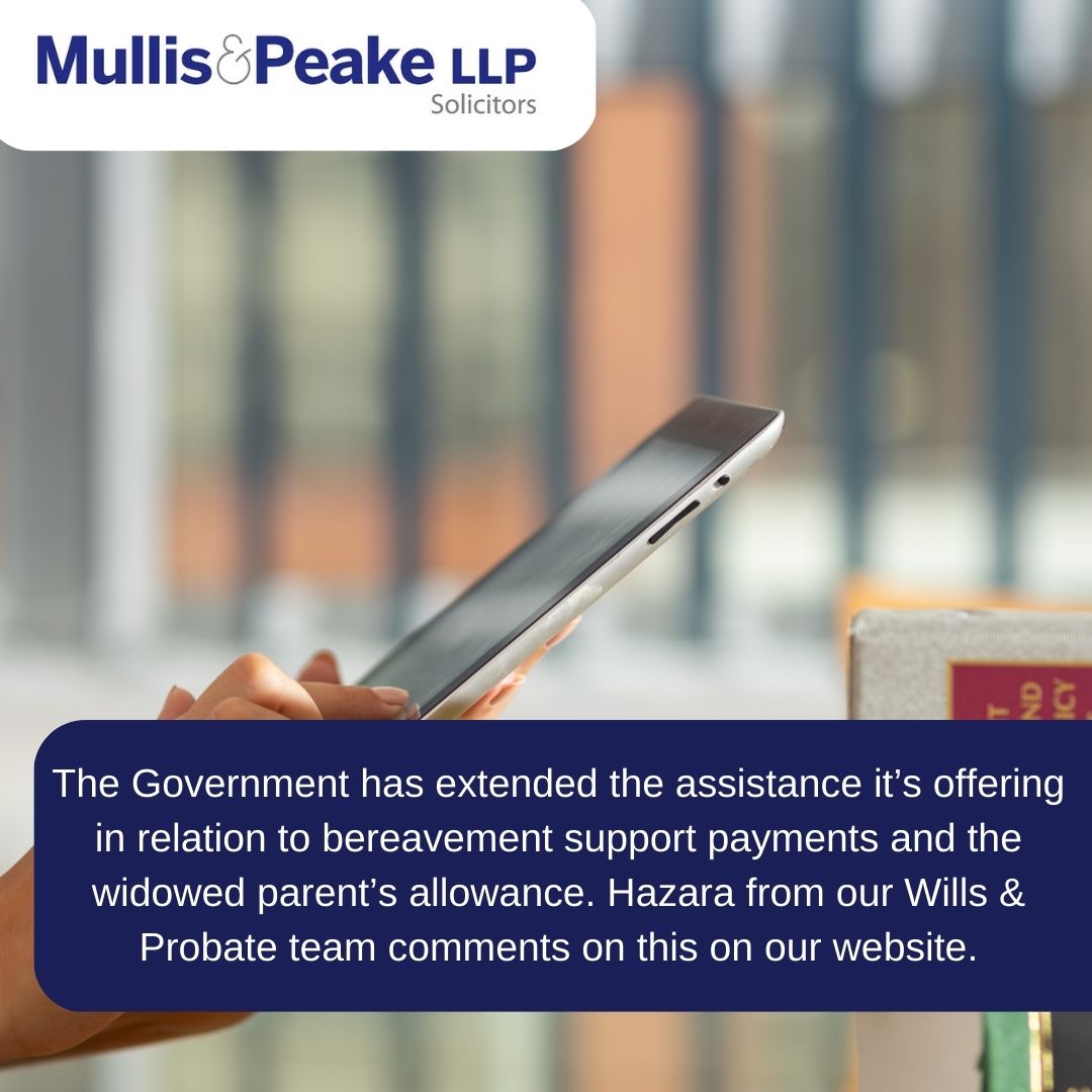 Mullis_PeakeLLP's tweet photo. The Government has extended the assistance it’s offering in relation to bereavement support payments and the widowed parent’s allowance. Hazara from our Wills &amp; Probate team comments on this on our website:
https://t.co/a0GaiG1Qpw https://t.co/Fv4wDxEu63