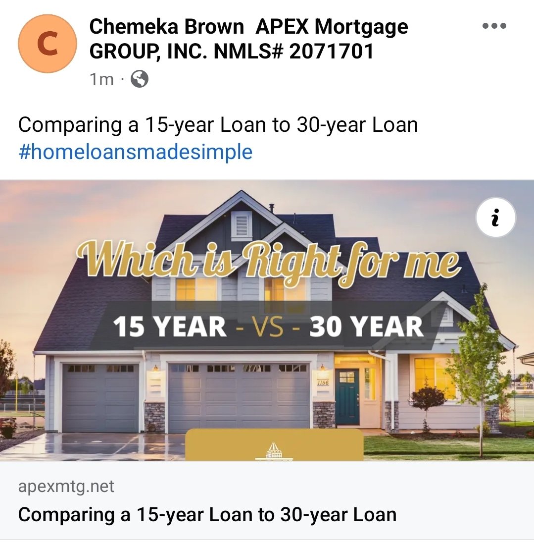 BrownChemeka's tweet photo. #ApexMortgageGroup
#HomeLoan
#15yrOr30yrTerm
#LoanAdvisor https://t.co/H4vIiAeock