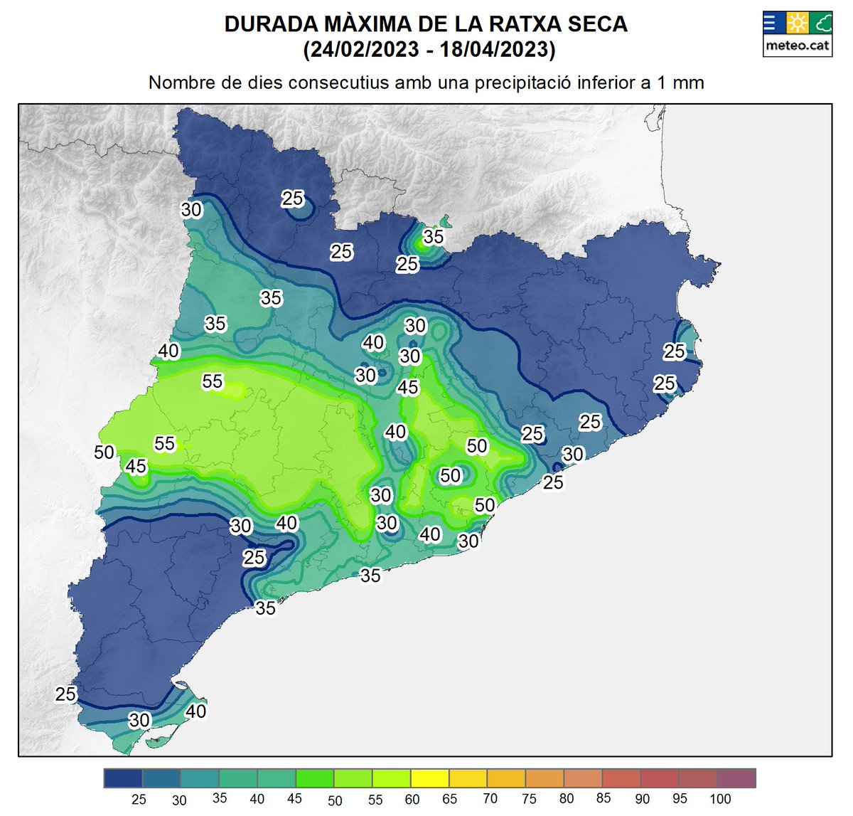 meteocat's tweet photo. A banda del dèficit pluviomètric dels últims dos anys, la ratxa seca (dies consecutius amb una precipitació inferior a 1 mm) ja supera els 50 dies a bona part de Ponent, Catalunya Central, Vallès, Penedès, Baix Llobregat i Barcelonès, on gairebé no plou des de finals de febrer. https://t.co/yGlvi63buN