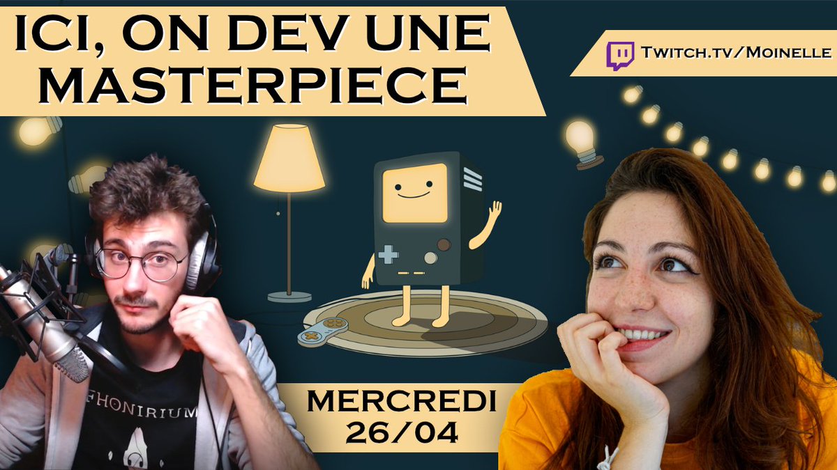 GROSSE ANNONCE INNATENDUE MAIS DANTESQUE !!
<a href="/MMoinelle/">Moinelle | Splashteam</a>  et moi lançons une nouvelle chaine Twitch qui a pour projet de créer son prochain Jeu Vidéo ! 
Notre premier live aura lieu mercredi prochain, le 26/04 (horaire à définir) dans l'optique ensuite de faire un live par semaine.
