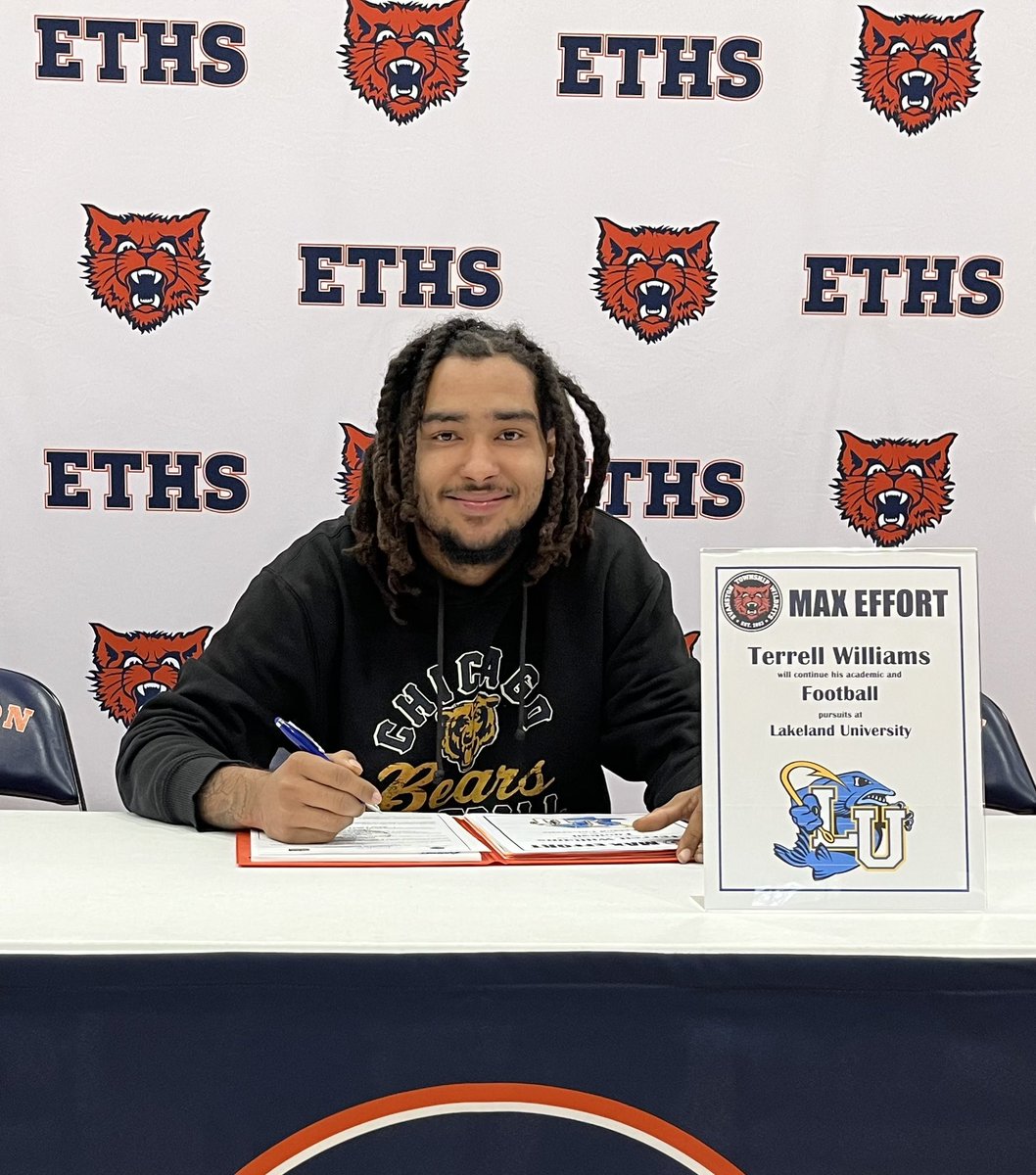 ETHSports's tweet photo. Congratulations &amp; #MaxEffort to Terrell Williams on his commitment to attend school and continue playing Football at Lakeland University!!! 
#Kits2College #SigningDay
@the_evanstonian @EvanstonPatch @CSL_Varsity @EvRoundTable @ETHSWildkits 
@LUMuskieFB https://t.co/zLaRtR8JX5