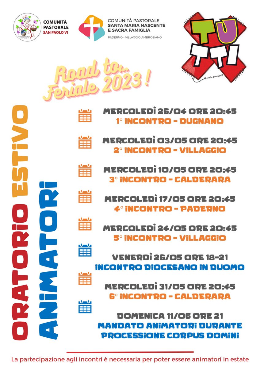 ComPasPaoloVI's tweet photo. Per i ragazzi che vogliono impegnarsi quest'estate il calendario con le date del corso animatori:
la partecipazione è NECESSARIA per poter essere 
 " Animatore 2023 " https://t.co/P2jvSdAB6n https://t.co/C8kFWyikja