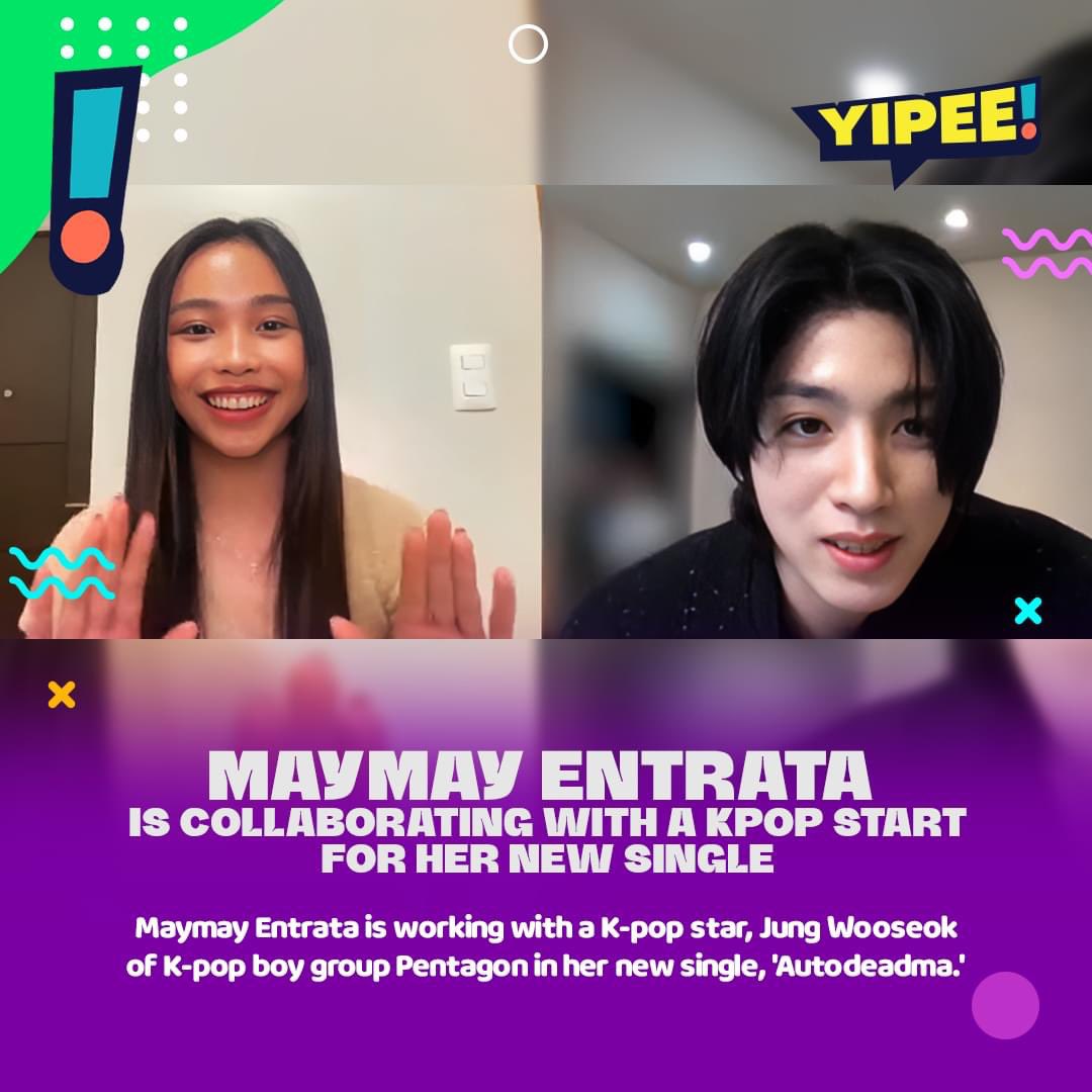 YipeePh's tweet photo. Maymay Entrata is teaming up with a K-pop singer, Jung Wooseok of Pentagon, on her next single, "Autodeadma." 

"AUTODEADMA" is the follow-up single to her hits "Puede Ba" and "Amakabogera" and will be released on April 28, 2023.

She posted a teaser on Instagram on April 17 2023 https://t.co/9m5euj00xu
