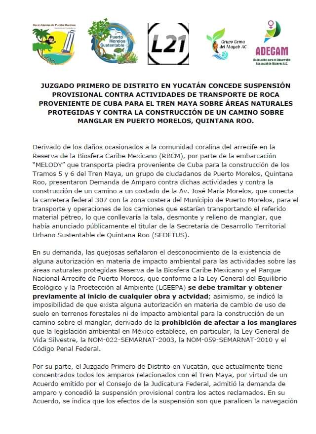 PuertoMoreloSus's tweet photo. ⚠️ JUZGADO PRIMERO DE DISTRITO EN YUCATÁN CONCEDE SUSPENSIÓN PROVISIONAL CONTRA ACTIVIDADES DE TRANSPORTE DE ROCA  PROVENIENTE DE CUBA PARA EL #TrenMaya SOBRE ÁREAS NATURALES PROTEGIDAS Y CONTRA LA CONSTRUCCIÓN DE UN CAMINO SOBRE MANGLAR EN #PuertoMorelos, QUINTANA ROO. https://t.co/8XxchpeXVx