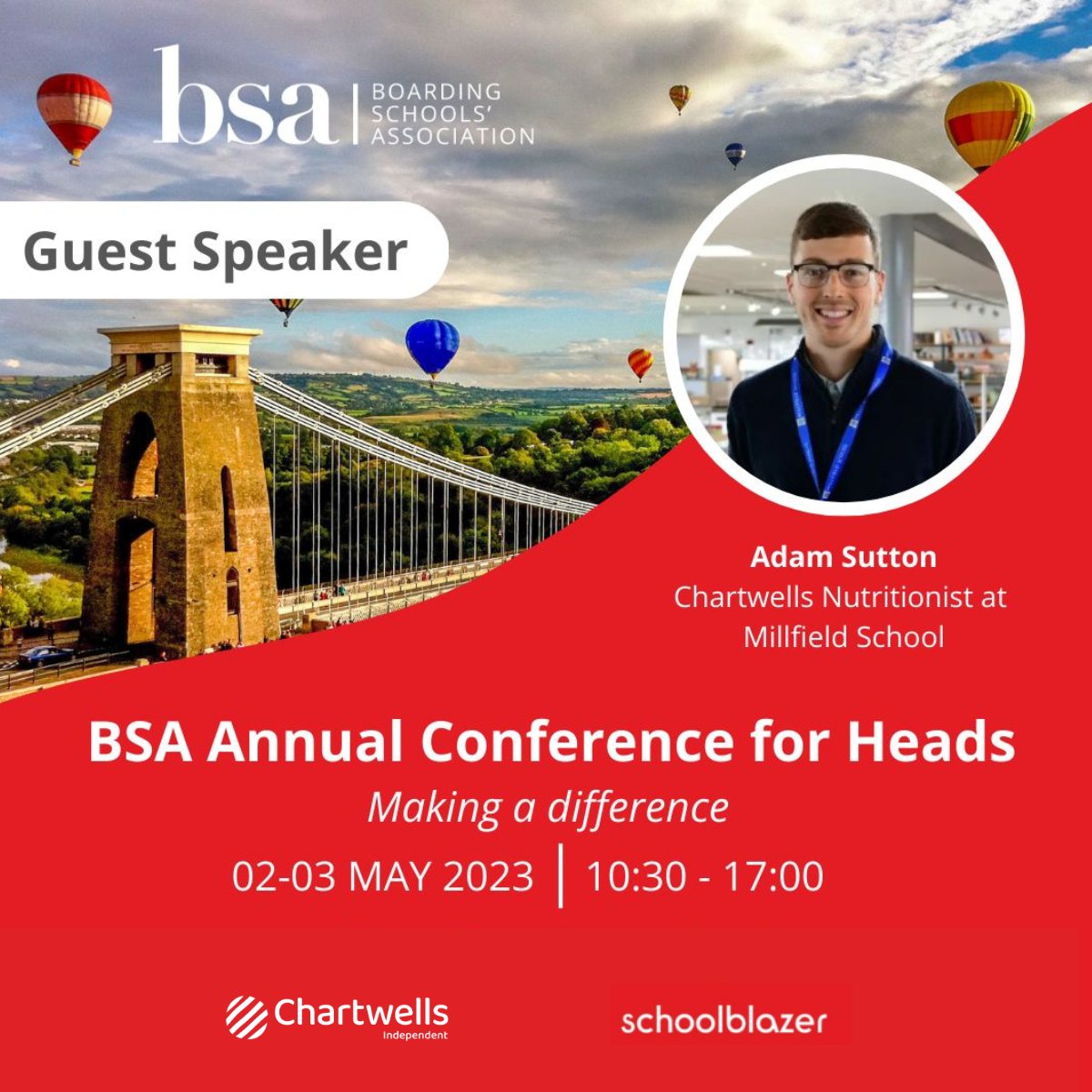 We are thrilled to be a headline sponsor for the BSA Annual Conference in Bristol on May 2-3!
Noelle Jones and her team will be there as well as Adam Sutton – nutritionist and Matthew Bramley, exec chef #ChartwellsIndependent speaking about their Eating to Excel project!