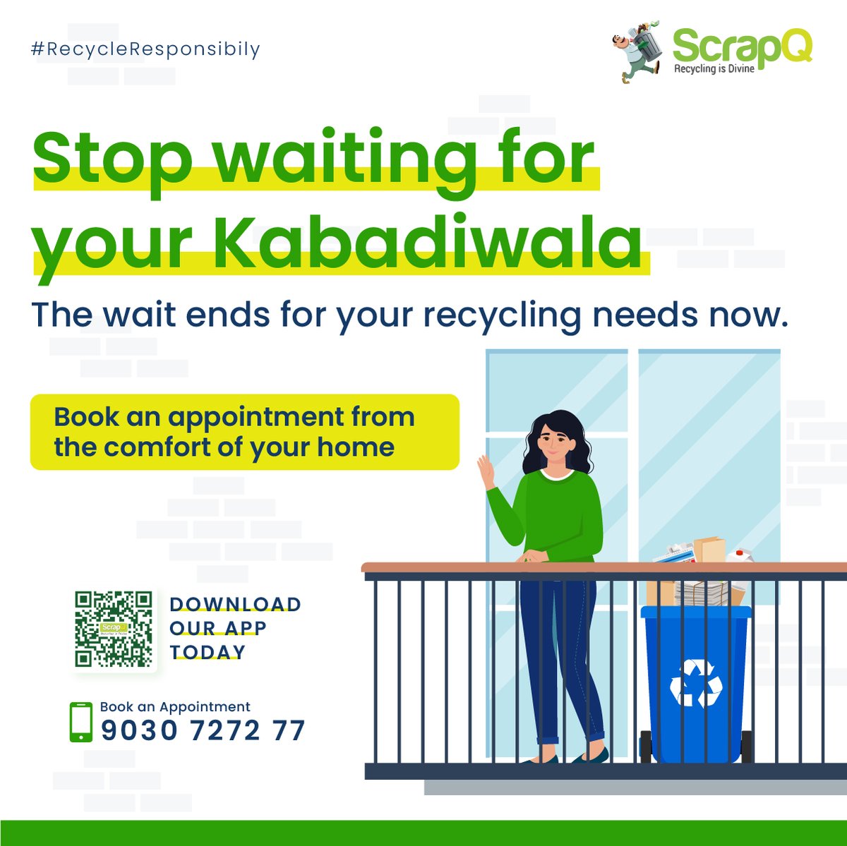 ScrapQ_recycle's tweet photo. #ScrapQ offers a free on-demand pick-up service for over 150+ types of recyclables. ♻️

Stop waiting for the kabadiwala and get a hassle-free scrap-selling experience with professionals. Plus, we ensure that your scrap is recycled responsibly. 

#ScrapQ #Recycling #Hyderabad https://t.co/6qmk62rh8j