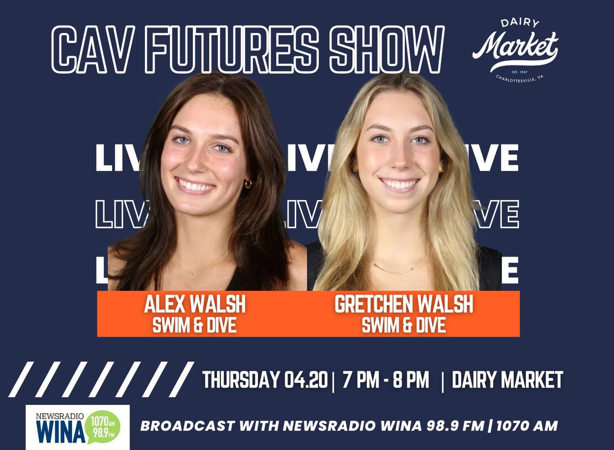 We’re hanging out with some UVA LEGENDS on the Cav Futures Show!

Join us &amp; the Walsh Sisters at the Dairy Market  🎉 

TOMORROW | 7 PM | 946 Grady Ave