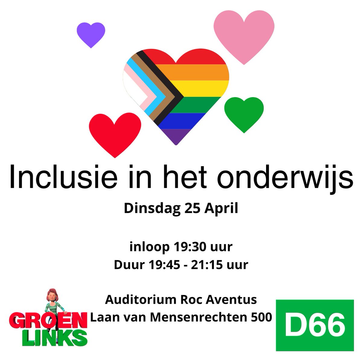 d66apeldoorn's tweet photo. A.s. dinsdag 25 april organiseren wij samen met @groenlinks055 de inclusie-avond: 'Uit de Kast in je Klas' in het auditorium van ROC Aventus Apeldoorn. Kom jij ook?😊💚 Klik hier voor meer informatie en gratis tickets: https://t.co/ma6XKXonmI Hopelijk tot dan! https://t.co/VEH0tuxLY1