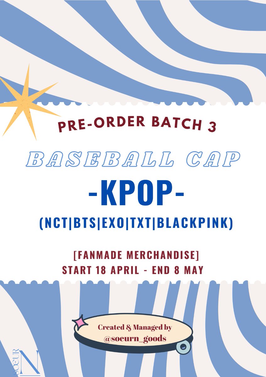 SoeurN_Goods's tweet photo. [RT ARE APPRECIATED]

✨ BATCH 3 ✨

Baseball cap NCT/WAYV/EXO/BTS/TXT/BLACKPINK 

💰60K (DP 35K/Pcs)
📍Lokasi Jakarta
🚛 estimasi shipping 2 minggu setelah tutup po

Form order ada di next tweet ya!💙

Overseas shipping available (Malaysia/Singapore/Philippines) https://t.co/Qw1Y0d7Fkq