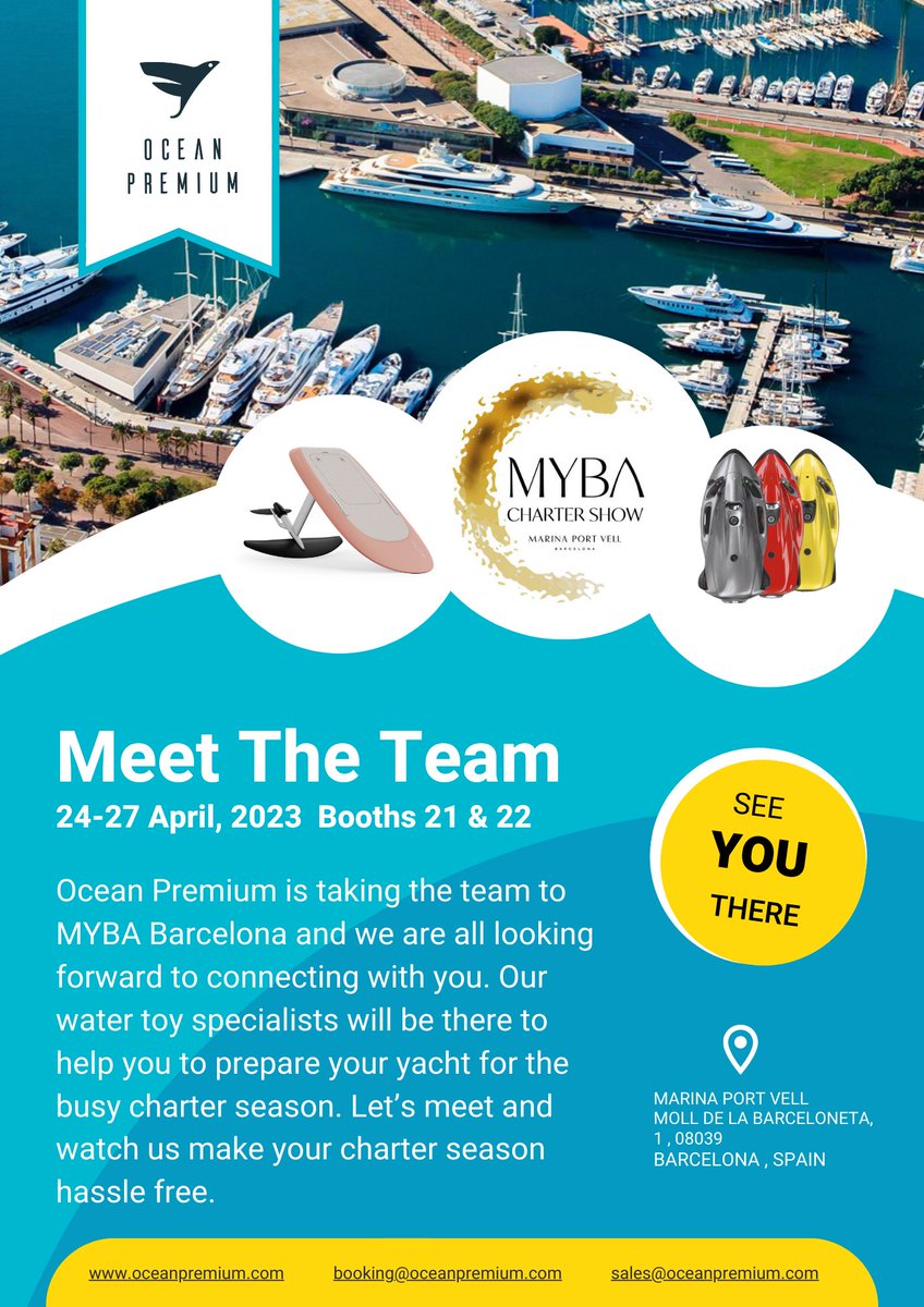 oceanpremium's tweet photo. Stop by our booths 21 and 22 so we can help you plan your summer charters. We’ll show you the best water toys for yachts. 
#MYBA #boatshow #yachtshow #barcelona https://t.co/yxQADgCZRG