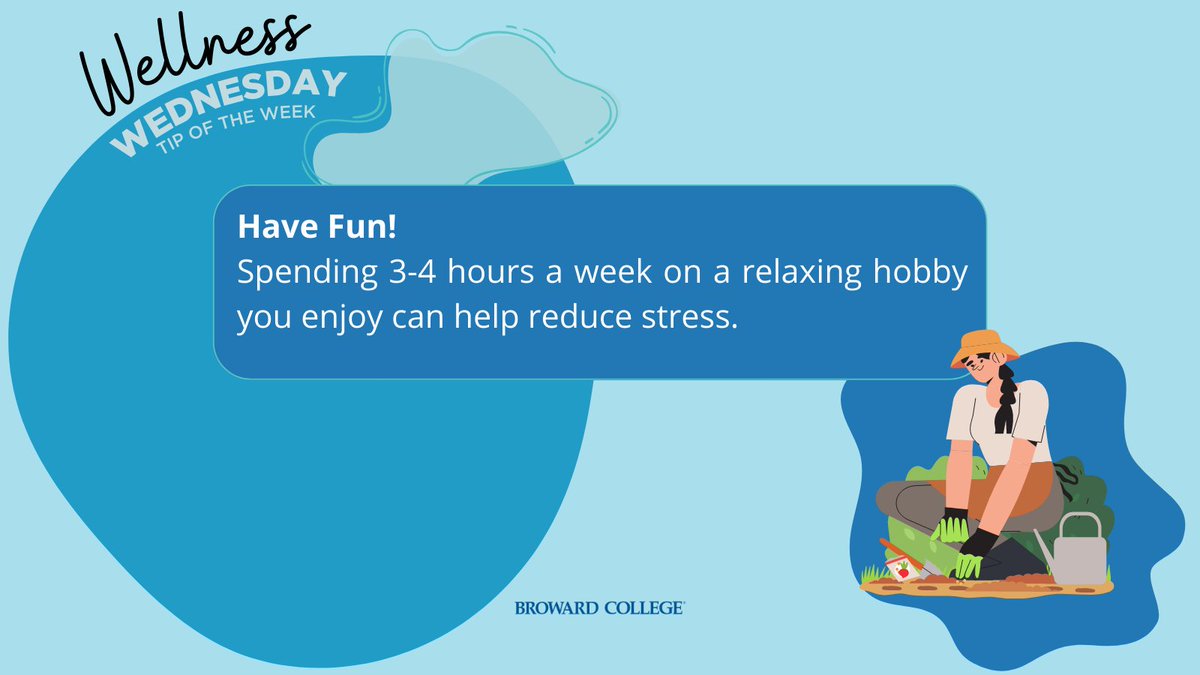 bc_wce's tweet photo. Stress less and live more. Remember to prioritize your mental health and well-being today and always. Take a break and have a little fun. #WellnessWednesday #BrowardCollege https://t.co/jytoAuWzpi