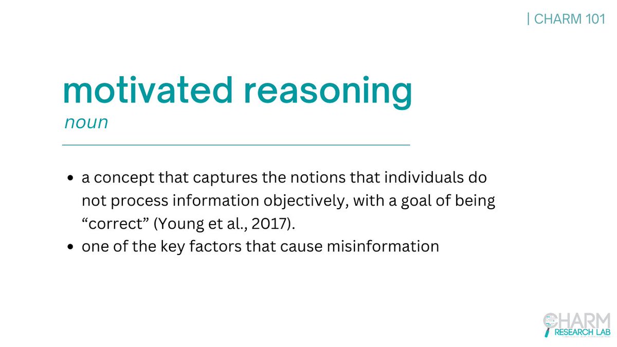 Misinformation occurs not just because of the false information, but also our personal motivations and perceptions. 

Let’s explore how researchers define “motivated reasoning” to deeper understand the cause of misinformation!

#CHARM101 @MasonResearch