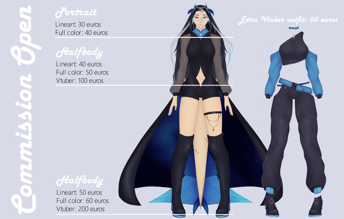 Artem1sKhandra's tweet photo. 🌒Opening up c0mmissions again🌘 

Character illustration and Vtuber model illustration slots

For more examples, pricing info, TOS and interest form you can go to the carrd linked in my bio💙

#commissionsopen #vtubermodelcommissions https://t.co/FcHFrYgPnO