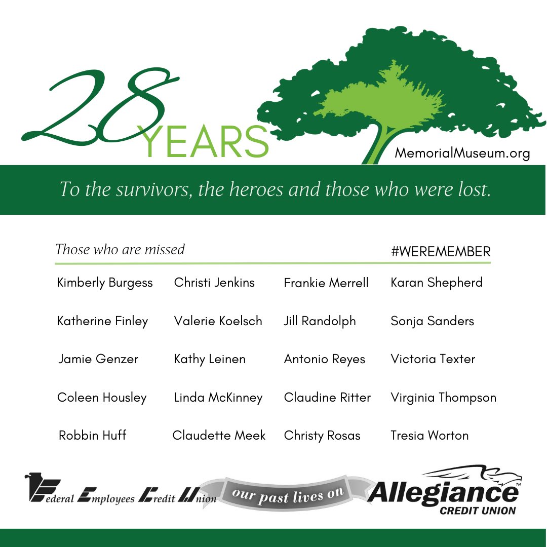 28 years ago, our city and credit union were forever changed. We have not forgotten the heroes, survivors and those we lost. #WeRemember #ACUremembers

𝗢𝘂𝗿 𝗣𝗮𝘀𝘁 𝗟𝗶𝘃𝗲𝘀 𝗢𝗻
allegiancecu.org/our-past-lives…
