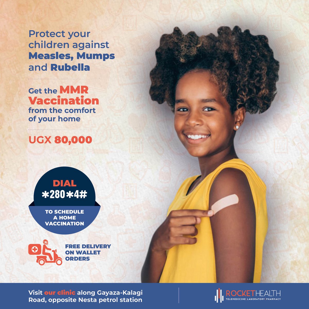 The #MMRvaccine protects children against 3 highly contagious viruses (measles, mumps & rubella)   

Dial *280*4# to schedule your child's vaccination from wherever they are!

OR: visit the @RocketHealthUG clinic along Gayaza-Kalagi road📍Location Pin > bit.ly/rocket-health-…