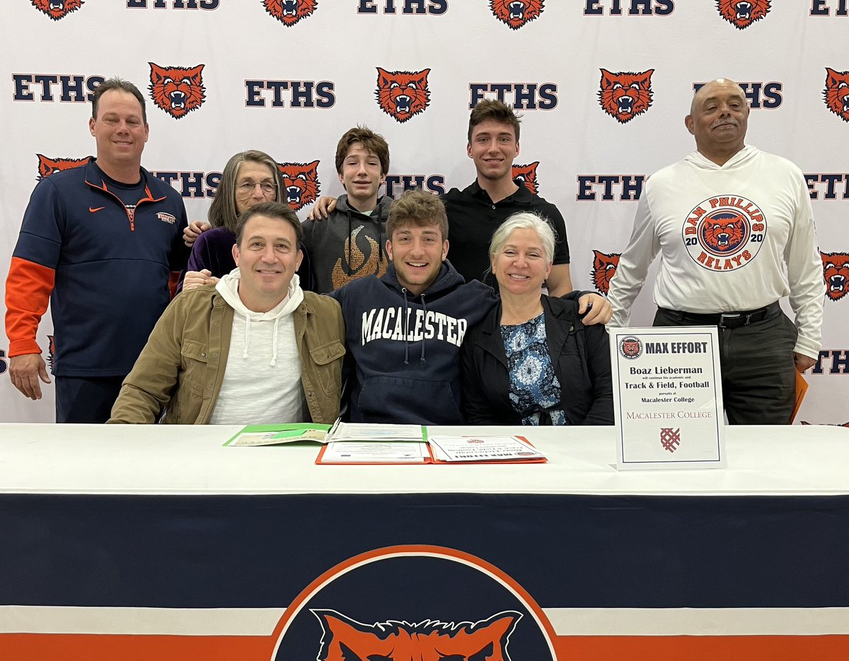 ETHSports's tweet photo. Congrats &amp; #MaxEffort to Boaz Lieberman on his commitment to attend school and continue playing Football and running Track at Macalester College!!! 
#Kits2College #SigningDay
@the_evanstonian @EvanstonPatch @CSL_Varsity @EvRoundTable @ETHSWildkits 
@MacalesterXCTF @MacalesterFB https://t.co/kqEPRQeybm