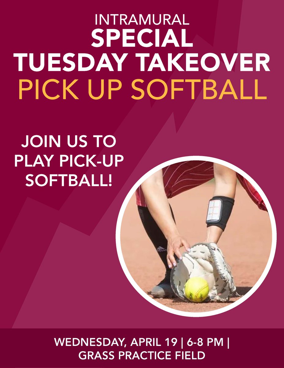 Fmtstateint's tweet photo. The weather is warming up again, so join us for slow pitch softball tonight on the grass practice field behind UT.
No glove?
Don't worry all equipment will be provided ๐ฅ
#FalconFun #FalconIntramurals #FaclonCenter https://t.co/iLIAbRQoAJ