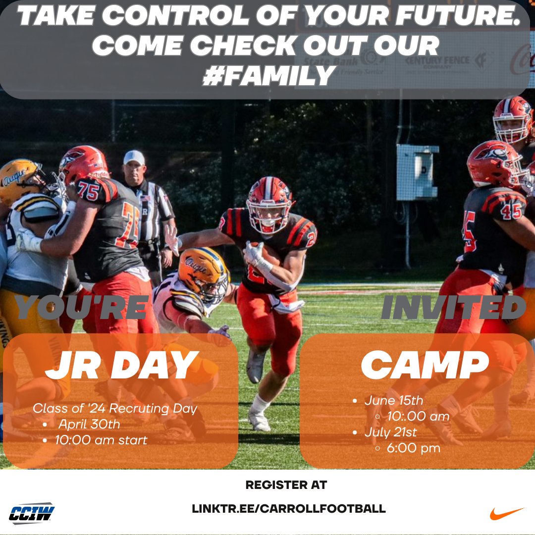 We had a phenomenal JR Day this past weekend. Be sure to get signed up for our next JR Day on April 30th. 
Link is below. 
#Family #Forward #GoPios #PioNation

linktr.ee/carrollfootball