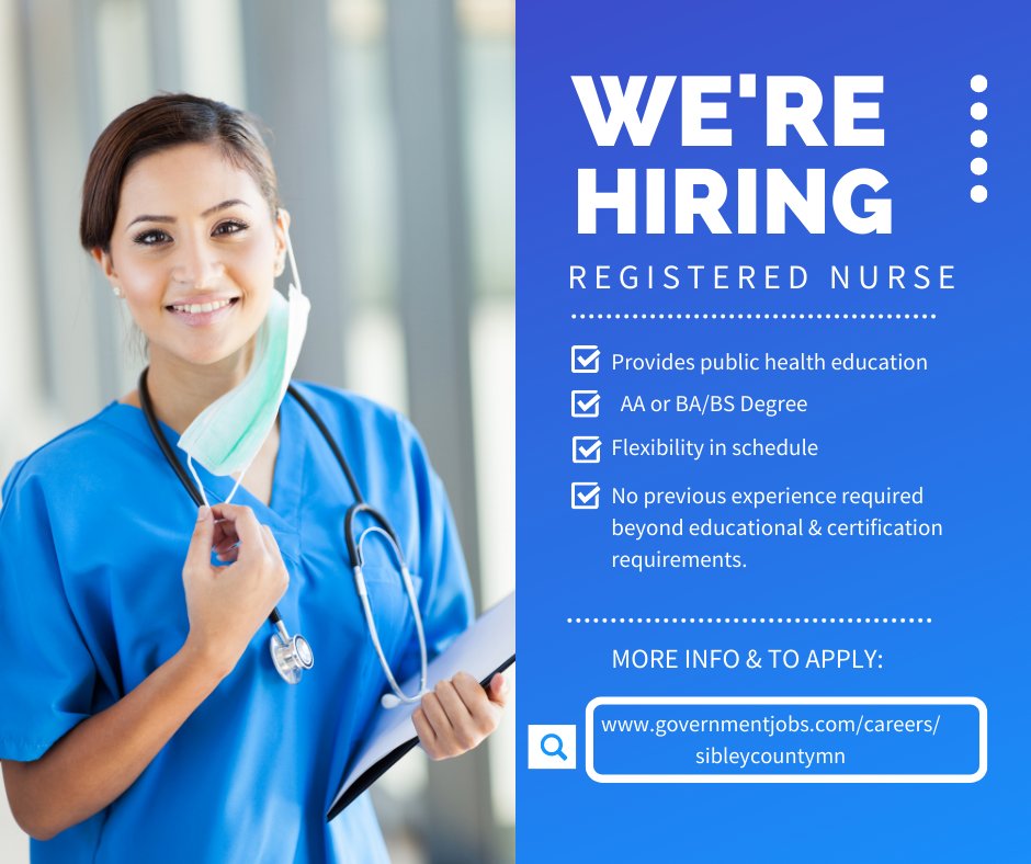 CountySibley's tweet photo. Sibley County is hiring for a full-time registered nurse. 
Apply today: https://t.co/TqAwcAA8rS https://t.co/W5Yeb6W70K