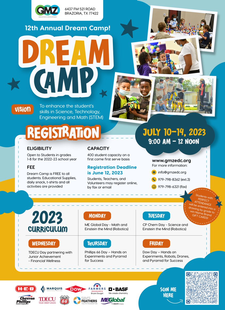 SweenyISD (@sweenyisd) on Twitter photo Registration for the 12th Annual Dream Camp is open through June 12, 2023. Dream Camp is FREE to all students in grades 1-8 who love STEM! For more information, go to the QR code or contact Greater Mount Zion Church, at infor@gmzedc.org. Registration for the 12th Annual Dream Camp is open through June 12, 2023. Dream Camp is FREE to all students in grades 1-8 who love STEM! For more information, go to the QR code or contact Greater Mount Zion Church, at infor@gmzedc.org.