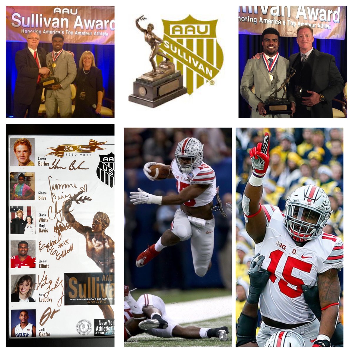 SportsStoriesDL's tweet photo. #SSDLHistory - On April 19th in 2015, @OhioStateFB
All-American running back @EzekielElliott won the 85th #AAUSullivanAward in New York City.  #EzekielElliott won the @CFBPlayoff title in 2014 and was the 4th pick of the first round of the 2016 @NFL draft by the @dallascowboys. https://t.co/pTHx07kgOF