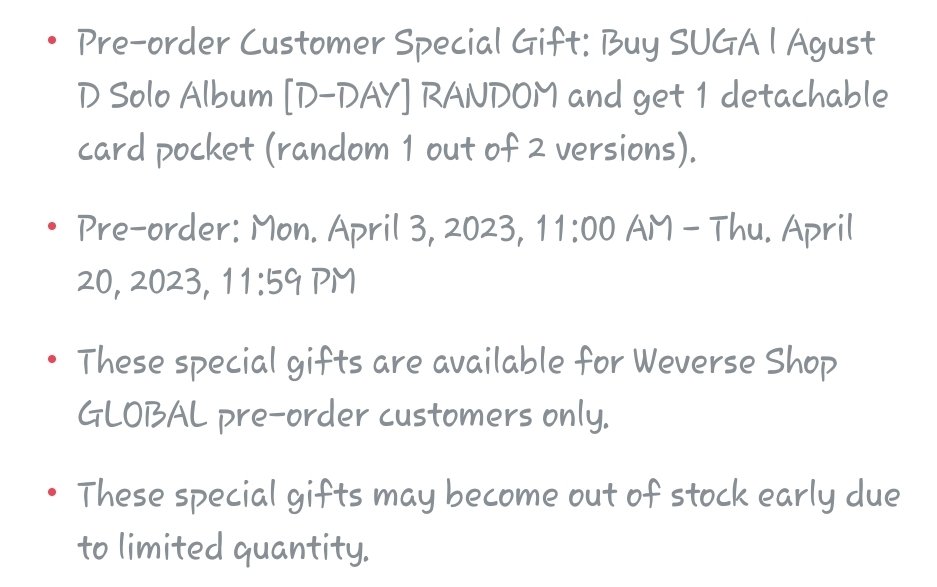 H_DelightShop's tweet photo. wts lfb ph go
SUGA August D Solo Album
*pre order until tomorrow only*

See pic for prices*

DOP: 60% to secure 40% 05/15
+freebies 🎁

Dm us to order 📩 #AugustD https://t.co/qH2oMraQ6L