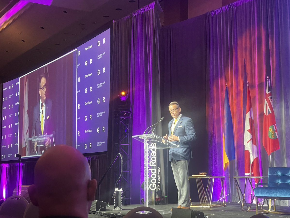 MurrayForWard5's tweet photo. @GregRickford at our @GoodRoads conference, speaking about the strategic investments being made for Northern Ontario roads and highways. #GoodRoadsConference #goodroads2023 https://t.co/8alZUazsdX