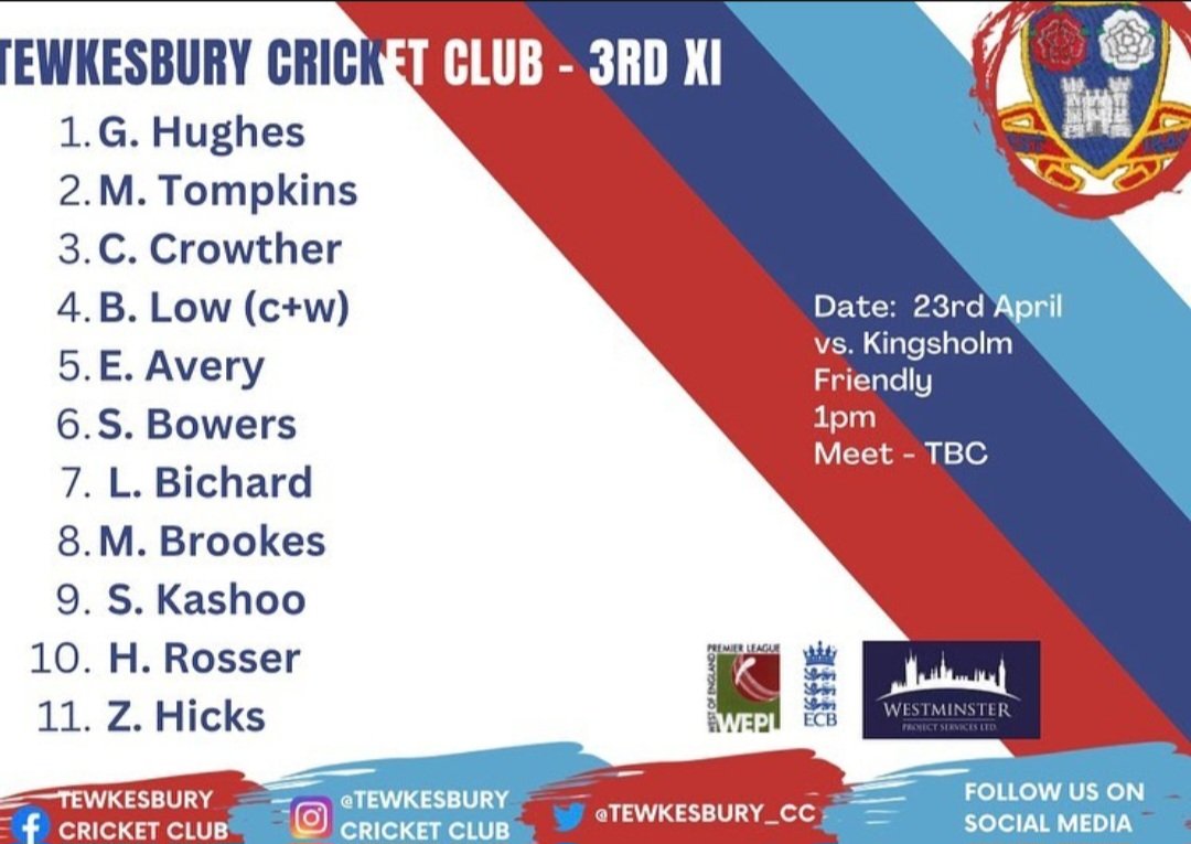 Tewkesbury_CC's tweet photo. Your first selections of 2023 to play @Stroud_Cricket @CirencesterCC and @KingsholmCC this weekend (weather dependent of course) #buzzlads #season2023 https://t.co/rY2A61LNPX