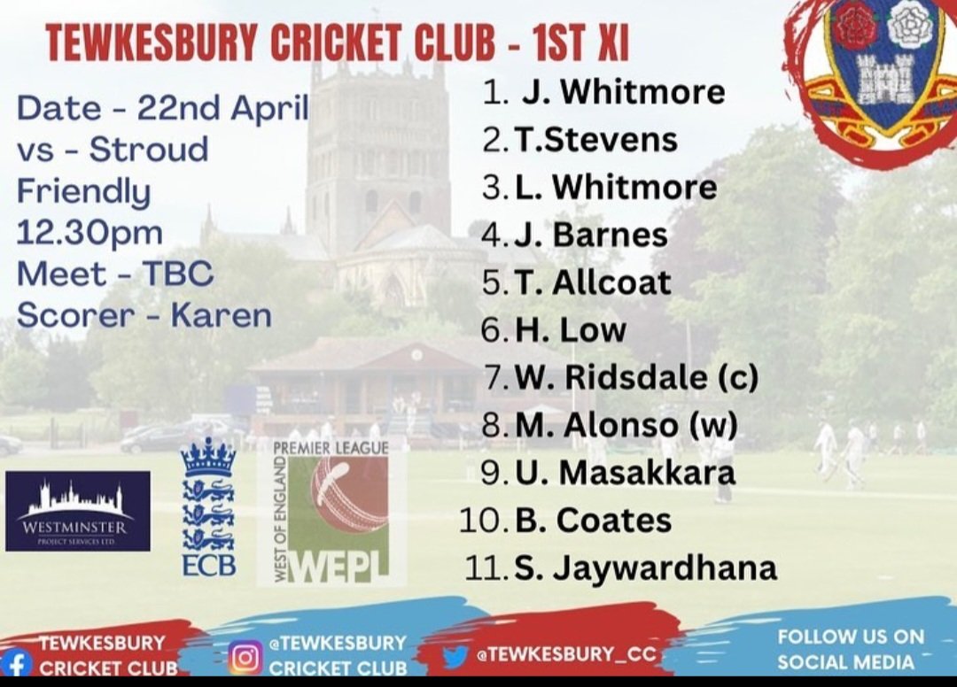 Tewkesbury_CC's tweet photo. Your first selections of 2023 to play @Stroud_Cricket @CirencesterCC and @KingsholmCC this weekend (weather dependent of course) #buzzlads #season2023 https://t.co/rY2A61LNPX