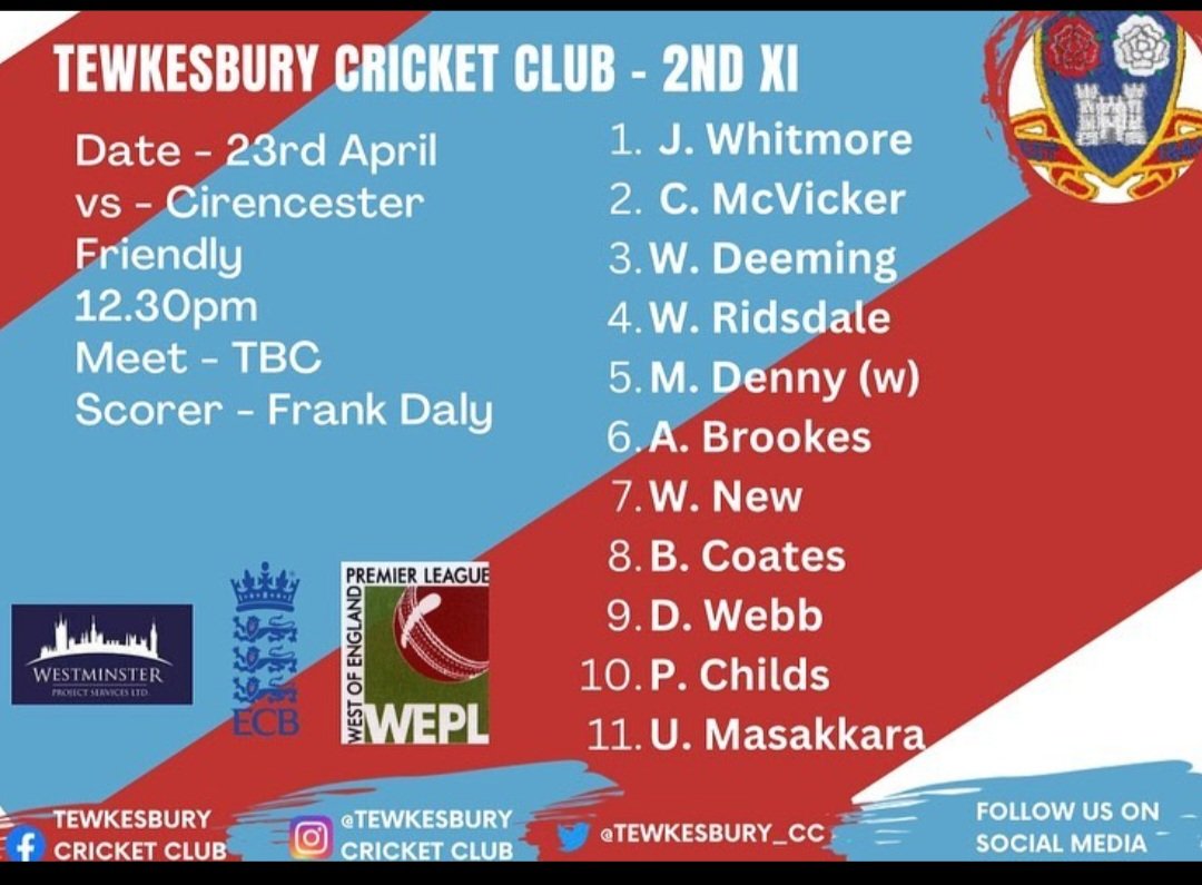 Tewkesbury_CC's tweet photo. Your first selections of 2023 to play @Stroud_Cricket @CirencesterCC and @KingsholmCC this weekend (weather dependent of course) #buzzlads #season2023 https://t.co/rY2A61LNPX