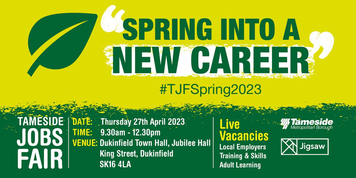 TamesideCouncil's tweet photo. 🗓️ Just over a week to go until Tameside Spring Jobs Fair!

Jobs will be available in:
🏗️Construction
🏢Office and admin
📈 Finance
👨‍🍳Catering
🧼Cleaning
👩‍⚕️Care
🍴Hospitality and more... 

🚶 Just call in
Thurs 27 April 9.30am-12.30pm 
Dukinfield Town Hall

#TJFSpring2023 https://t.co/7u3zQsMpYi