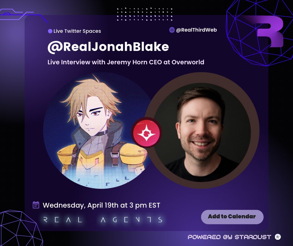 ElizaCrichtonS's tweet photo. TODAY (4/19) on @realthirdweb we are chatting with @HeyJeremyHorn 

CEO at @OverworldPlay and Founder of @XterioGames @XterioUpdates 

Sponsored by @Stardust https://t.co/QdTYBuT9xI
