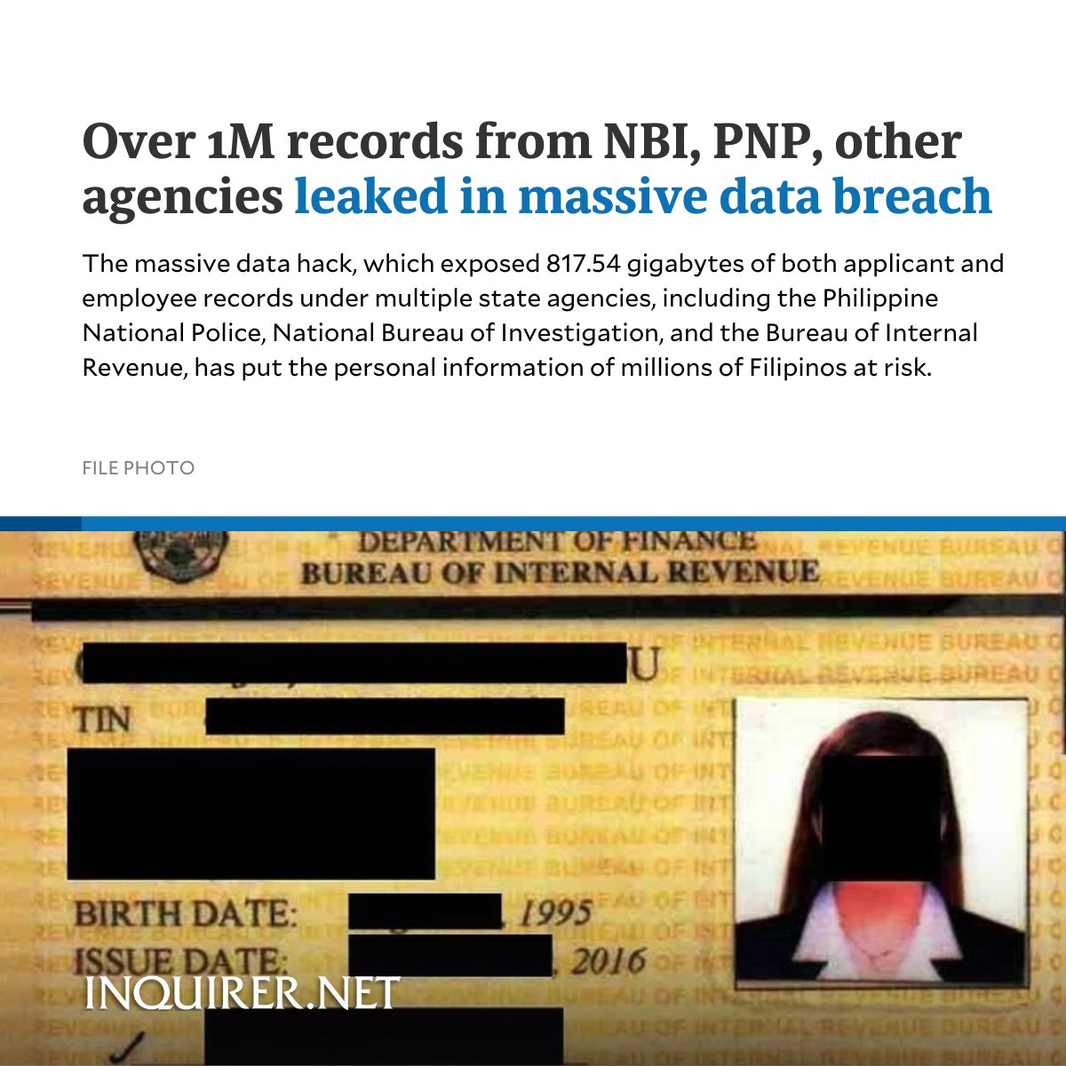 inquirerdotnet's tweet photo. Exposed records encompass highly sensitive data such as fingerprint scans, birth certificates, tax identification numbers, tax filing records, academic transcripts, and even passport copies.

READ: https://t.co/krdDLwFMc8 https://t.co/JVRqT5p6Wk