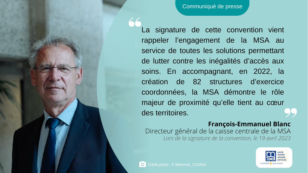 msa_actu's tweet photo. ✍️Mr F-E Blanc, DG de la CCMSA et M. Gendry, Pt de la Fédération @Avec_sante, signent une #convention de #partenariat de 3 ans dont l’objectif est de faciliter le développement et le fonctionnement des structures d’exercice coordonné en milieu rural
➡️https://t.co/RVnMxnb4wN https://t.co/OpaxfLJpc2