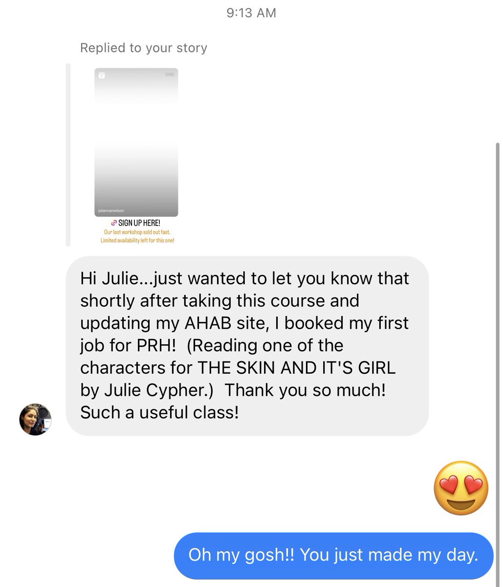 JuliannaNWilson's tweet photo. When you get a message like this in your DMs! We only have a few spots left in our 5/23 workshop. Register at https://t.co/XYmLgbQZ3u @AhabTalent @NetworkVO #voiceoverworkshop #voiceovercoach #audiobooks #audiobook #narrator #narrators https://t.co/0ugpvnPJg4