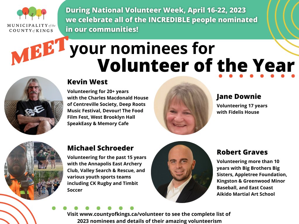 The Municipality thanks Volunteer of the Year Award nominees Kevin West, Jane Downie, Michael Schroeder and Robert Graves for their longstanding dedication to community service. 
Nominee profiles here: ow.ly/cj1C50NMJ9i
#nationalvolunteerweek #NVW2023
