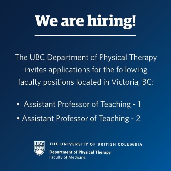 We are hiring! 👋 The UBC Department of Physical Therapy invites applications for the following faculty positions located in Victoria, BC: Assistant Professor of Teaching 1 - bit.ly/3A8rJGa Assistant Professor of Teaching 2 - bit.ly/3A6hxOt #ubc_pt #victoriabc