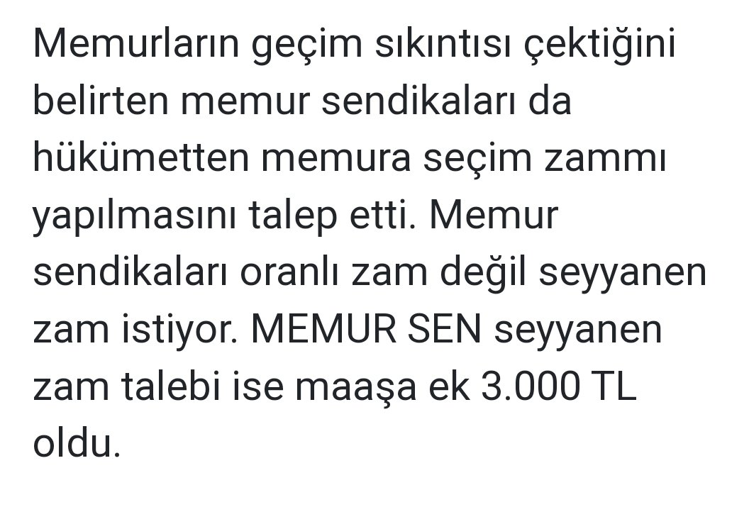 Memur-sen seyyanen 3000 TL ek ödeme istemiş.
% 100 zam gelse, yine de yoksulluk sınırına ulaşılamıyor.
Kamu işçilerinin 25 bin aldığı bir dönemde, memurlar artık isyan ediyor. Bir an evvel, makul bir iyileştirilme yapılmalıdır. ‼️‼️
#memuraseçimöncesizam
#MemurdaOyKullanacak