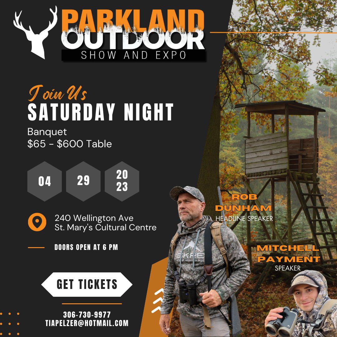Saturday Night is not just for the boys! Back for 2023 is our legendary Saturday Night Banquet. Get your tickets today by contacting Tia @ (306) 730-9977. Tickets are $65 each or a corporate table of 8 for $600. 

#hunting #fishing #trapping #archery #saturdaynightbanquet