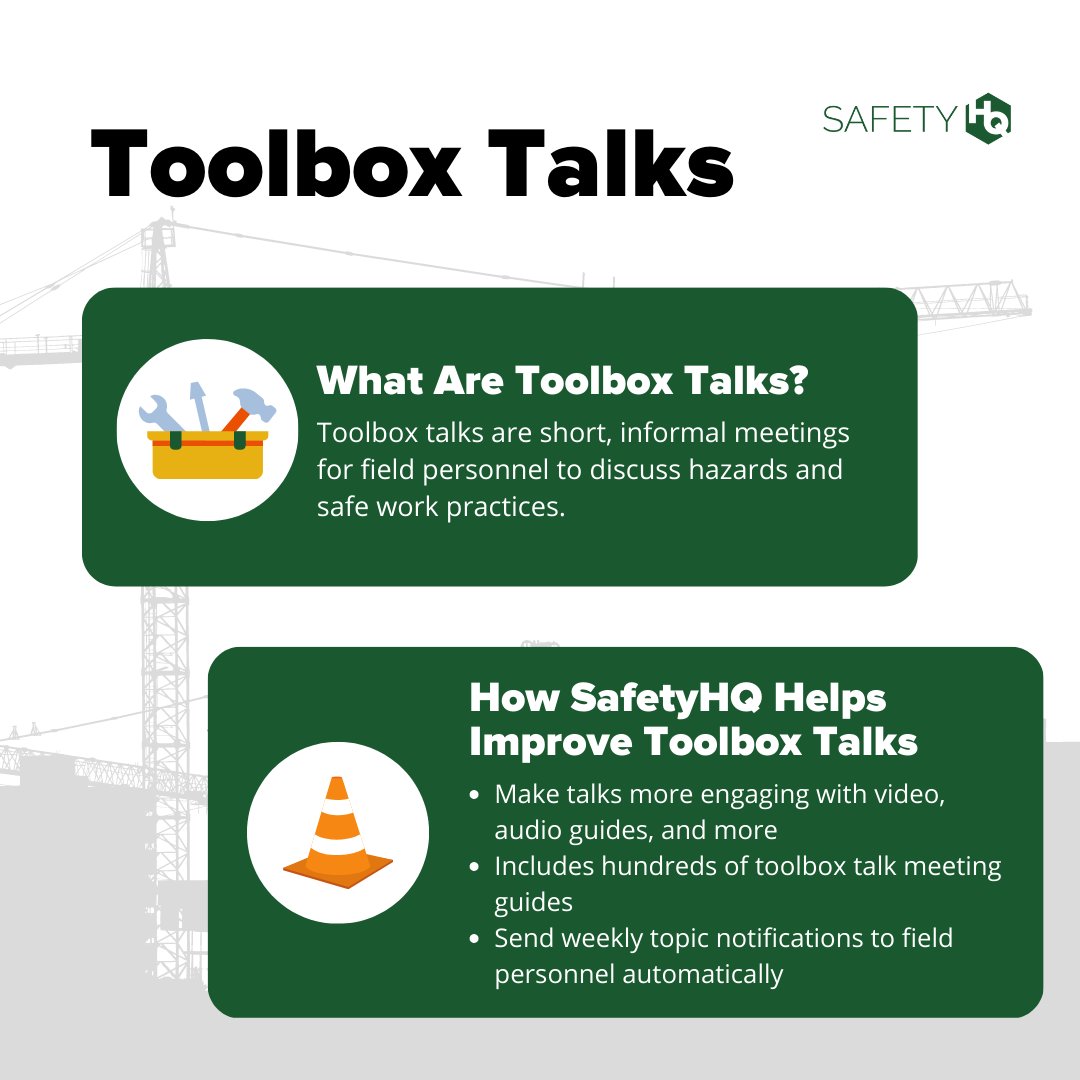 Communication is a crucial aspect of construction safety, and Toolbox Talks provide an effective way to keep safety at the forefront of everyone's mind on the job site. 

Learn more: mysafetyhq.com