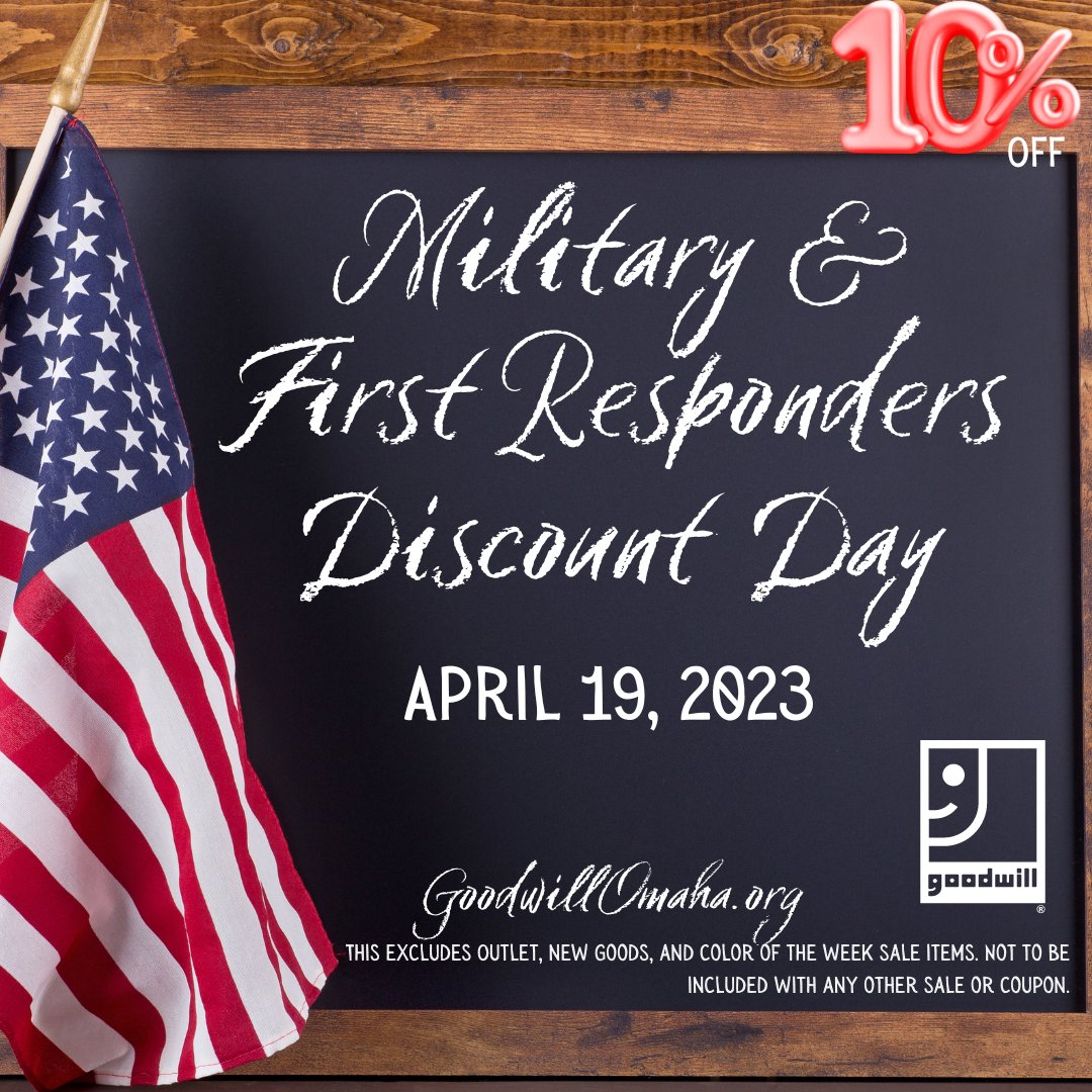 GoodwillOmaha's tweet image. Today is Military and First Responders Discount Day! Shop with #GoodwillOmaha today and save 10 percent off on your purchase with a valid ID. Exclusions do apply. Please refer to the post for information on exclusions. #militarydiscount #firstresponderdiscount #sale #savings
