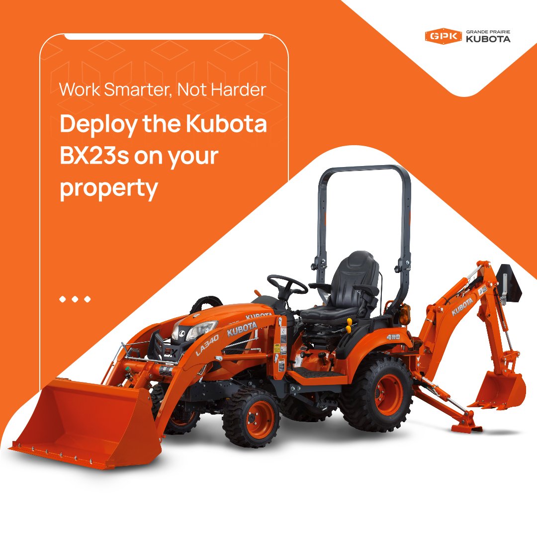 GP_Kubota's tweet photo. Upgrade your work game with the Kubota BX23s compact tractor! Powerful, versatile, and durable, it's the perfect workhorse for any job. Take advantage of 0% financing options and trust in the support of Grande Prairie Kubota. Own a Kubota BX23s today! #KubotaBX23s #CompactTractor https://t.co/7FQEAXGb9j