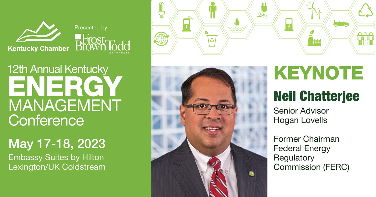KyChamber's tweet photo. Join us for the 12th Annual Kentucky Energy Management Conference, presented by Frost Brown Todd. Hear from keynote speaker Neil Chatterjee, former Chairman of the Federal Energy Regulatory Commission, on the current energy landscape! Register at https://t.co/lu4ifX3T0J https://t.co/SoWTGTu2NK