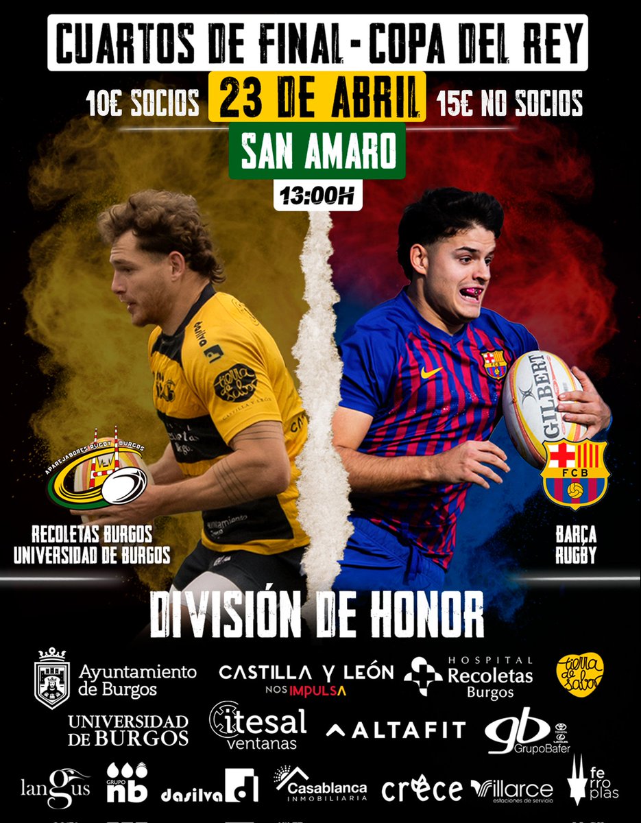 RugbyAparejos's tweet photo. Este domingo 
🏆Cuartos de final de la Copa del Rey 
🆚️ @avrfcb
⏰️13h
🏟 San Amaro 
🖤 Necesitamos vuestro apoyo 
🏉 ¡Ven a San Amaro!
🎟 10€ socios/ 15€ no socios. 
📍Puntos de venta 
Oficinas del Club
@burgos_golden
@barbiecabar
@altafit Burgos 
¡VAMOS EQUIPO!
💛🖤💛 https://t.co/XuUCg8s3K9