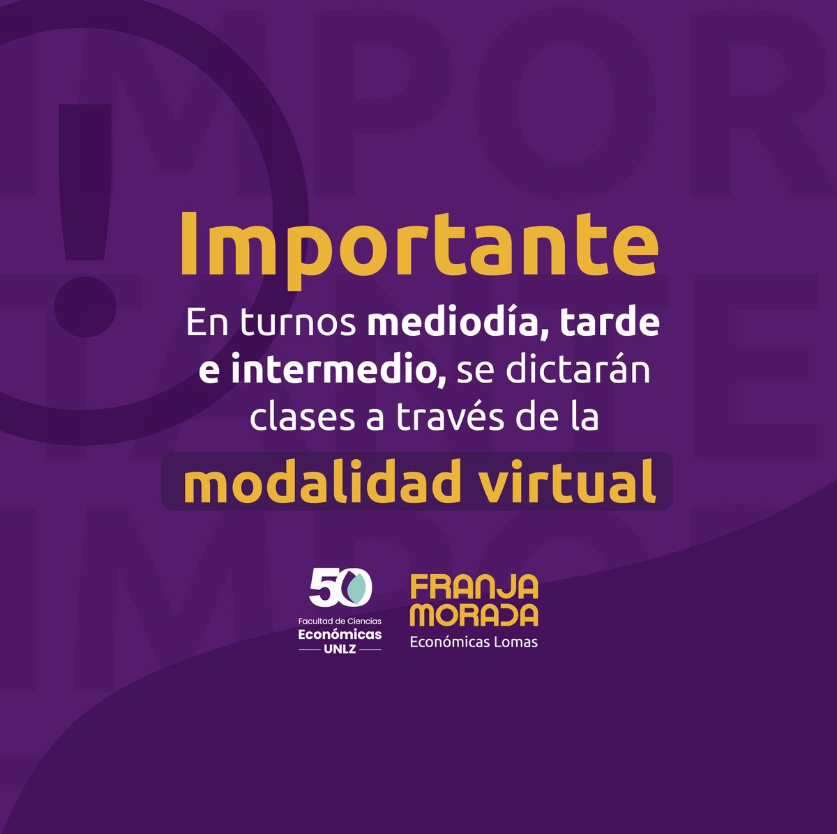 ceceunlz's tweet photo. ⚠️ IMPORTANTE ⚠️

Ante el paro de transporte del día de hoy 19 de abril, la facultad ha decidido que las clases de hoy se dicten de manera virtual en el turno mediodía, tarde e intermedio.

#FranjaMorada #CECE #CECEUNLZ #UNLZ #50económicas https://t.co/1iS63fsPMR