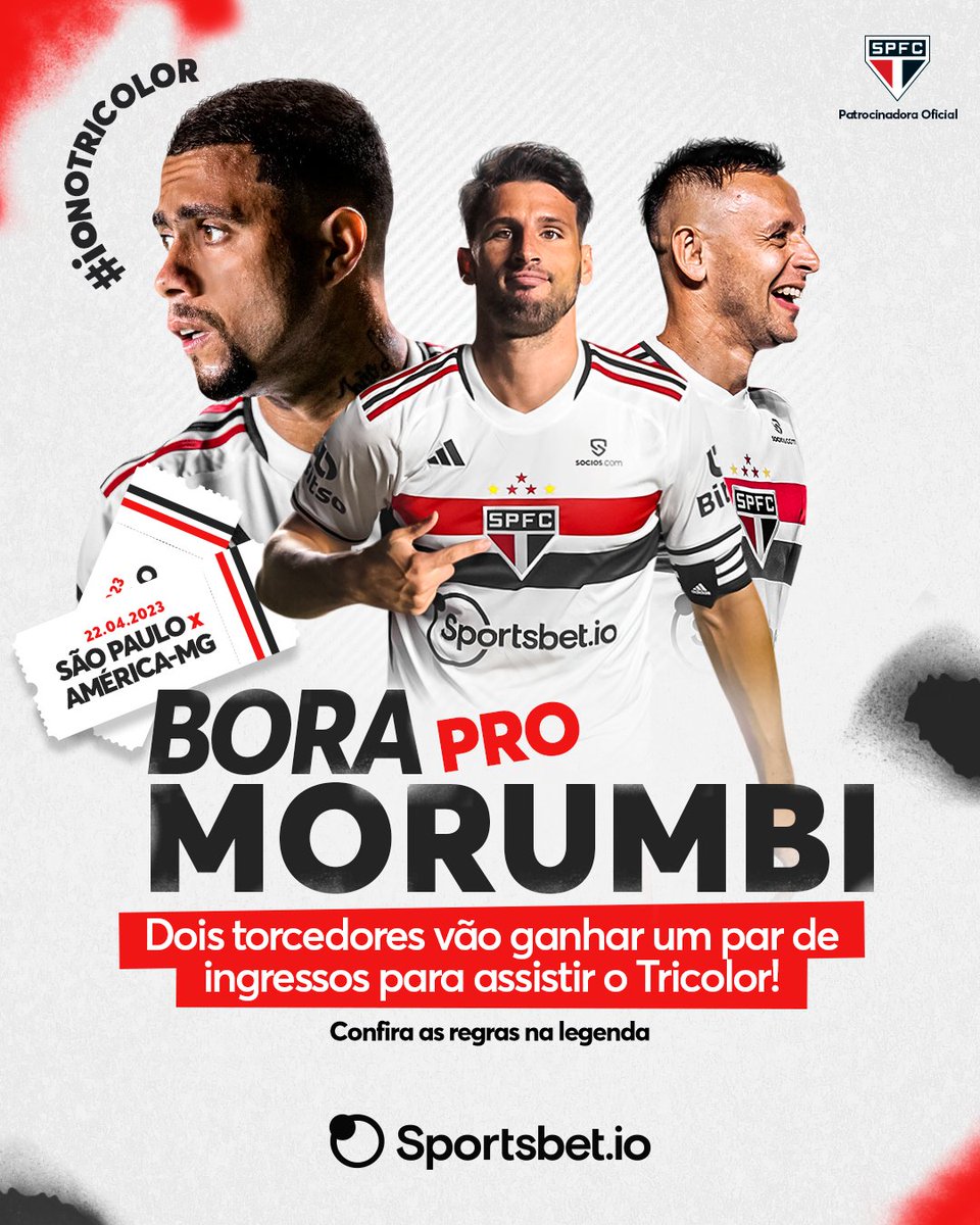 sportsbetiobr's tweet photo. Bora ver o @SaoPauloFC no Morumbi pelo Brasileirão? 🏟️

Dois vencedores vão levar um par de ingressos!!!

Pra participar é só:
↪️Dar RT nesse tweet
↪️Seguir 
@sportsbetiobr

O resultado saí na sexta, dia 21! 

Confira as regras na thread:
Os vencedores vão os ingressos para o jogo no Morumbi, 22/4, contra o América-MG.

🚨Não estão inclusos custos com a viagem, hospedagem e de alimentação

🚫 Válido apenas para maiores de 18 anos!