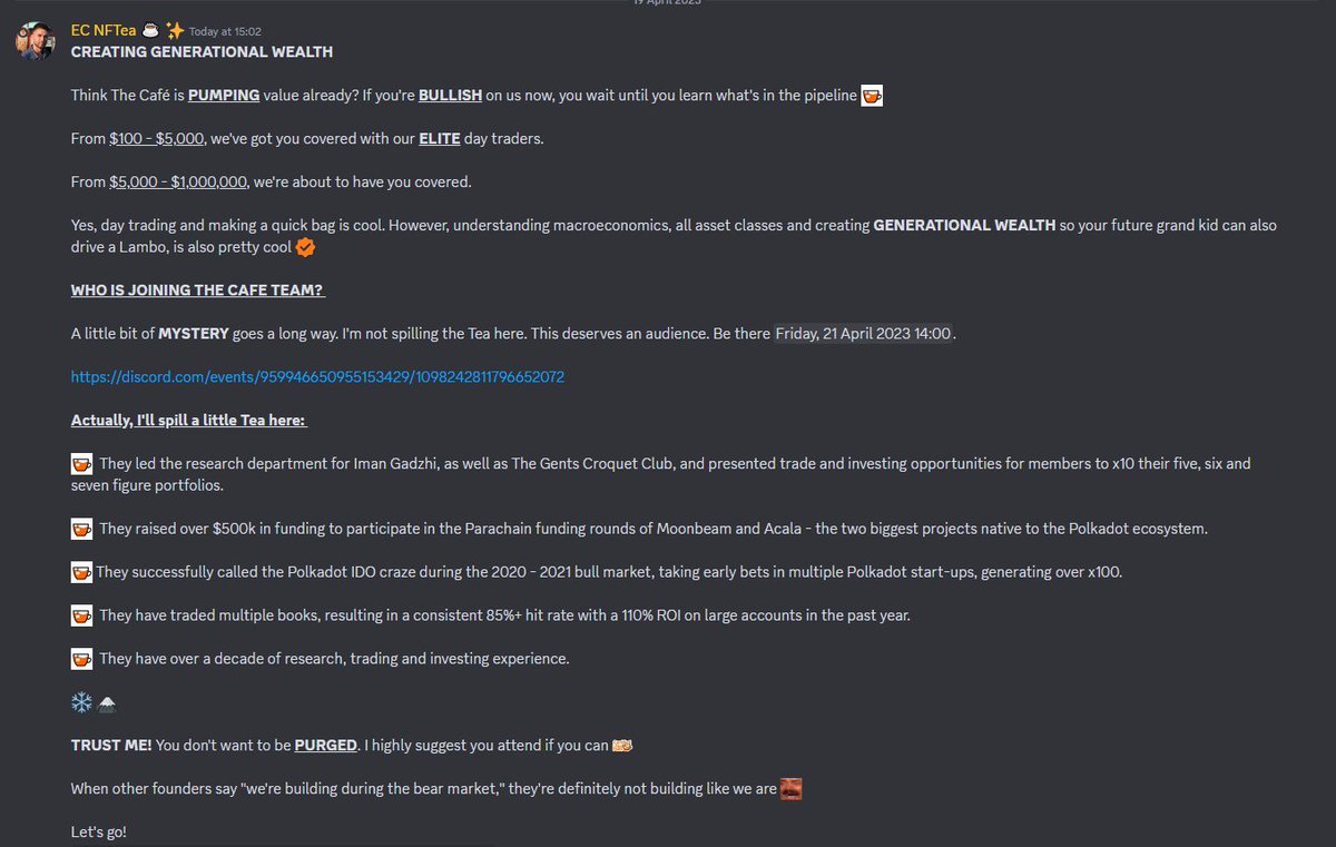 Think The Café is pumping value already? 

You wait until you learn what's in the pipeline.

From $100 - $5,000, we've got you covered with our ELITE day traders.

From $5,000 - $1,000,000, we're about to have you covered.

We're creating GENERATIONAL WEALTH!
