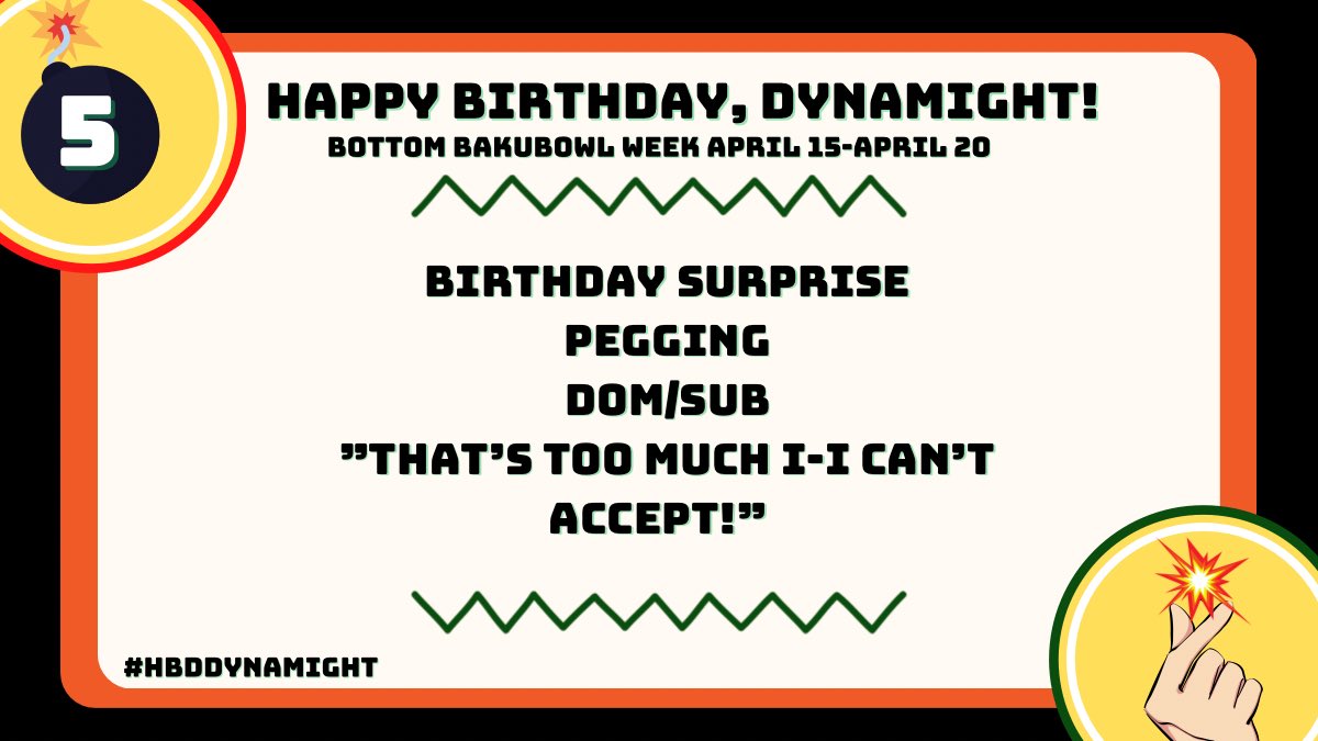 HBDDynamight_'s tweet photo. 💥Day five💥 is here! A special birthday surprise is in store for our explosive hero! What could it be? 👀

Remember to tag @HBDDynamight_, use the hashtag #hbddynamight, or submit it to our collection on AO3 (link below). 💣 https://t.co/pEUkMwLCOt